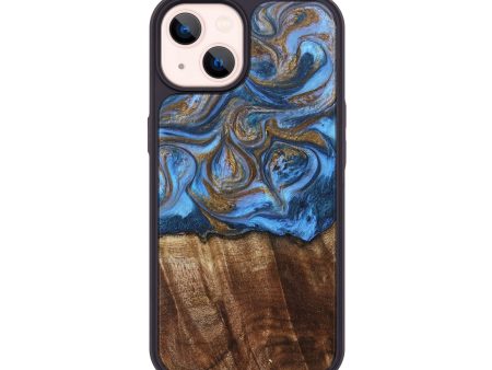 iPhone 14 Wood+Resin Phone Case - Arlo (Teal & Gold, 685552) For Discount