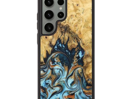 Galaxy S23 Ultra Wood+Resin Phone Case - Emanuel (Teal & Gold, 684229) For Cheap