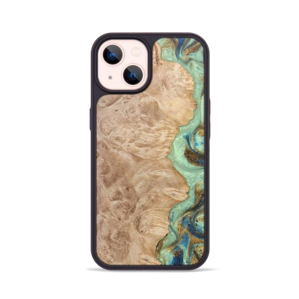 iPhone 14 Wood+Resin Phone Case - Suzanne (Teal & Gold, 685926) Online Hot Sale